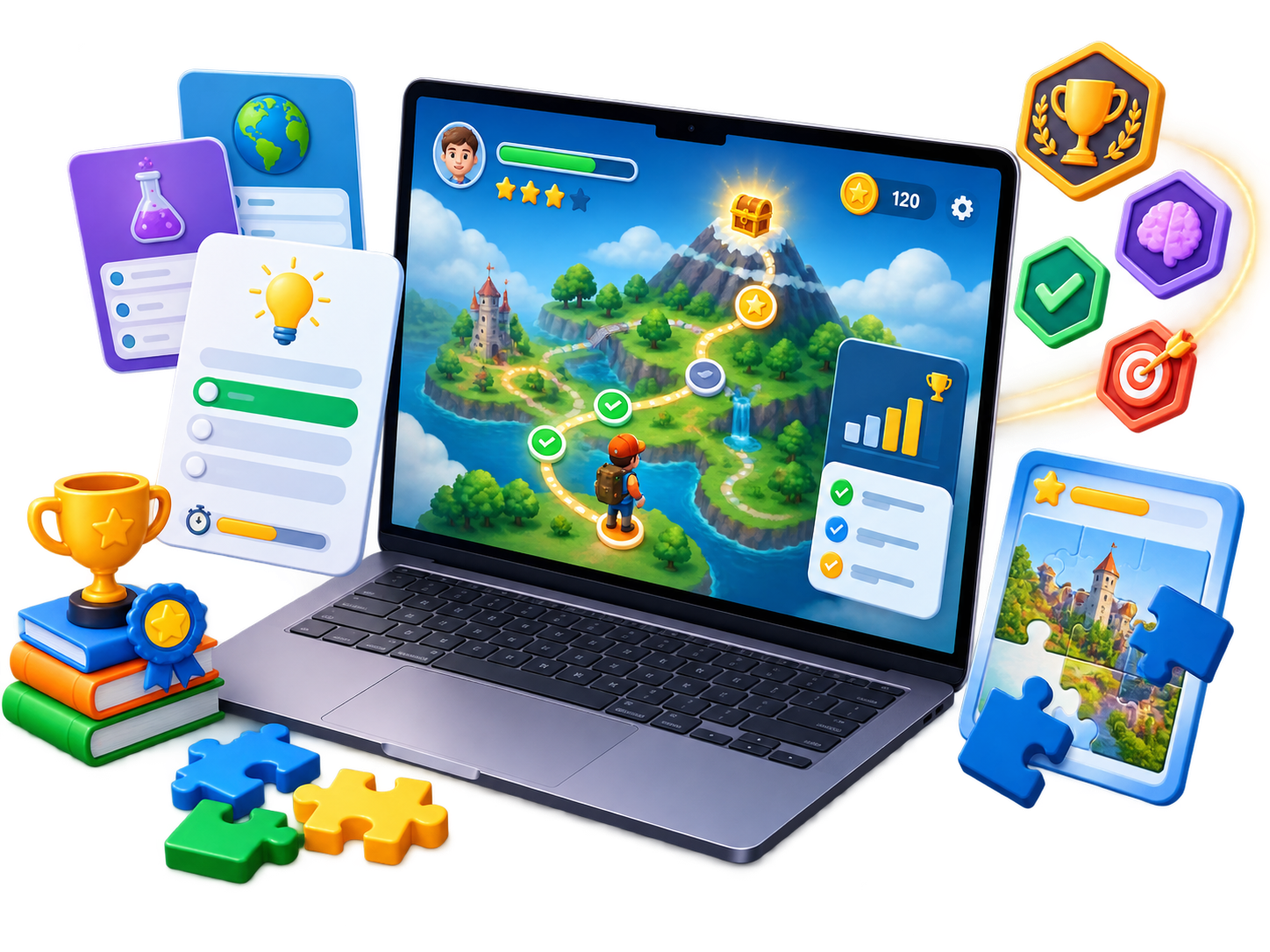 Fotorealistisches, freigestelltes Motiv zu digitalen Lernspielen mit Laptop, Gamification-Elementen und interaktiven Lernkarten