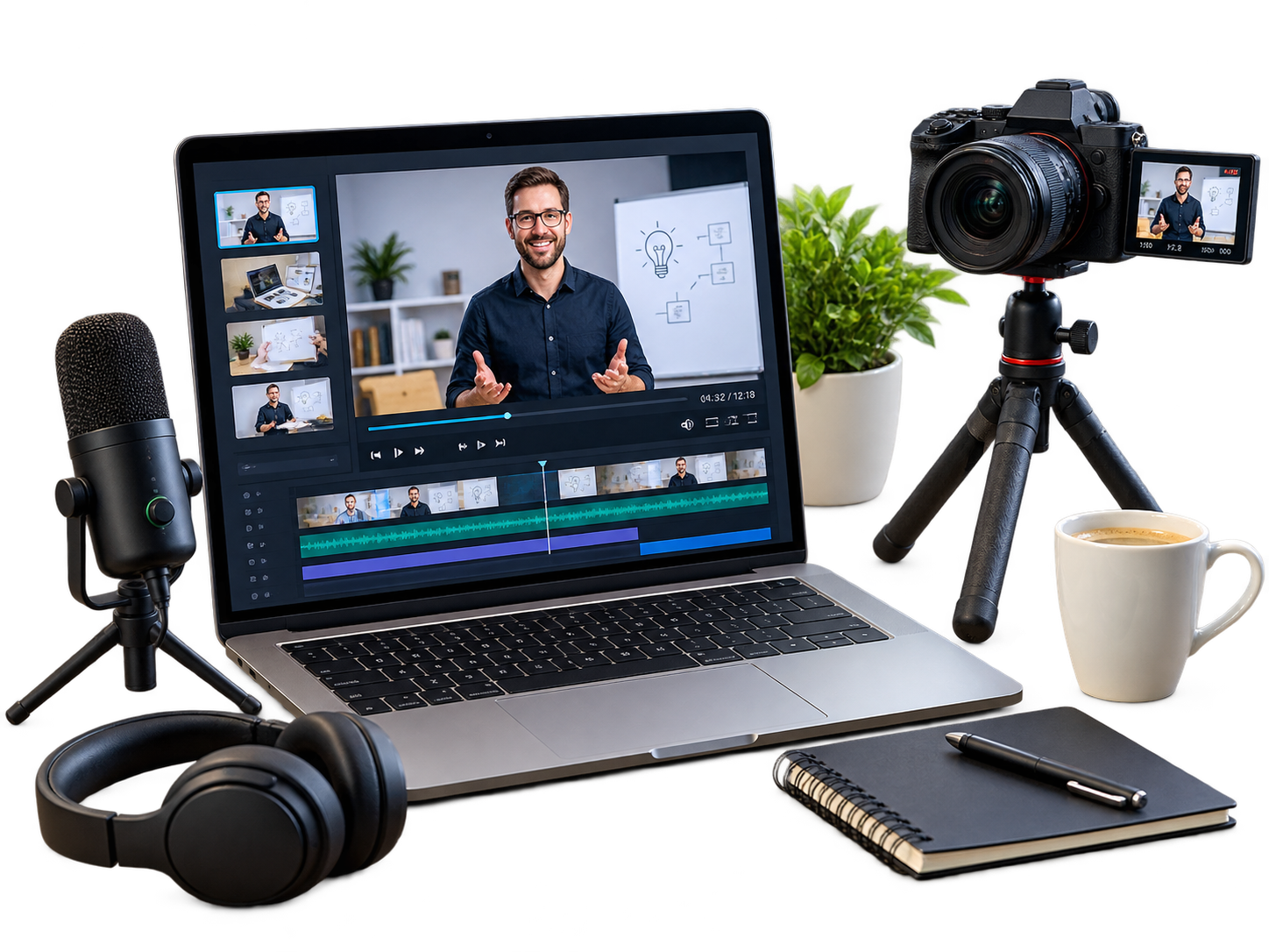 Professionelles Setup zur Erstellung moderner Lernvideos mit Laptop, Kamera, Mikrofon und Videobearbeitung